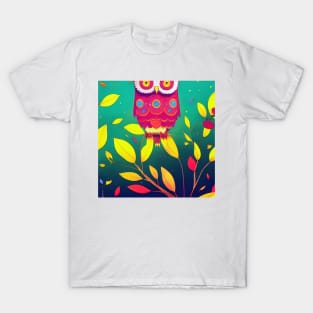 Colorful Owl on Branch Portrait Illustration - Bright Vibrant Colors Bohemian Style Feathers Psychedelic Bird Animal Rainbow Colored Art T-Shirt
